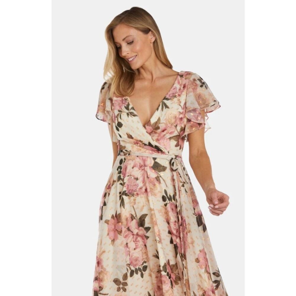 Loft Women's Floral Surplice Neckline Dress With Flutter Sleeve Size M